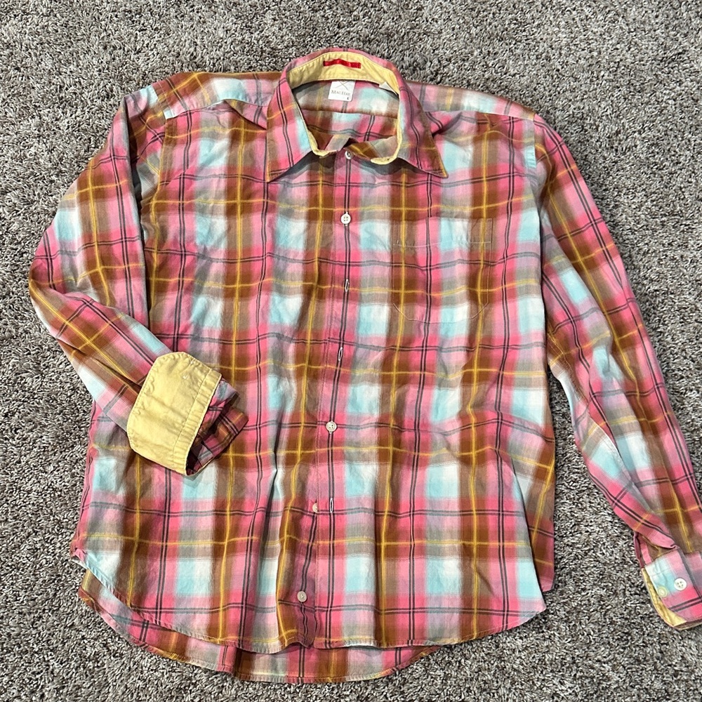 MacHay Stylish Plaid Long Sleeve Button Up Shirt for Men Size Large